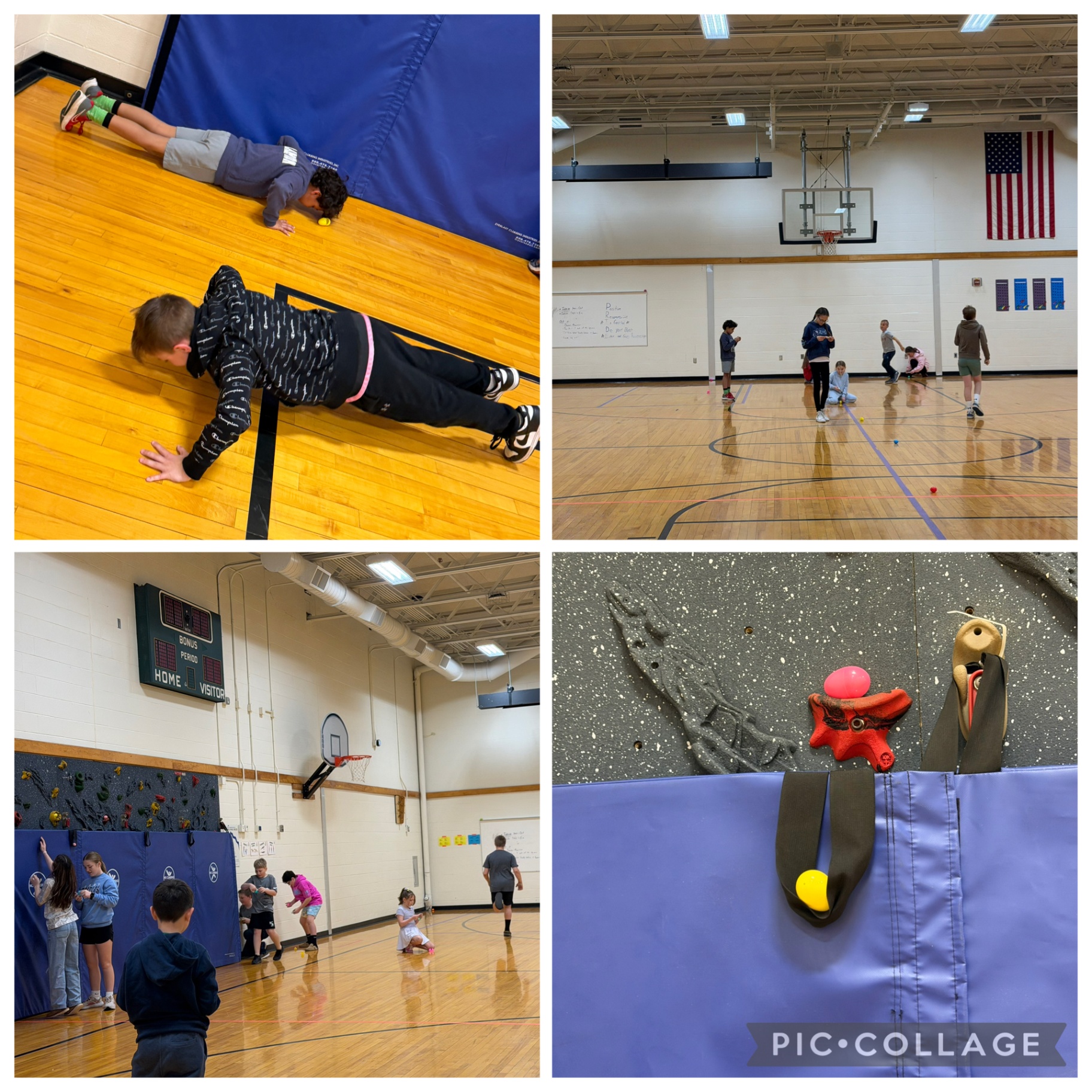 Collage of four images depicting children participating in an easter egg hunt.